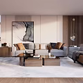 Modern Living Room Interior With Gray Sofa Wooden Coffee Table Rug And Art