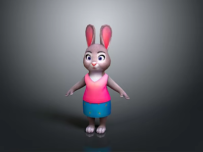 Cute Cartoon Rabbit 3D Model With Big Ears Pink Top And Blue Shorts 3d model