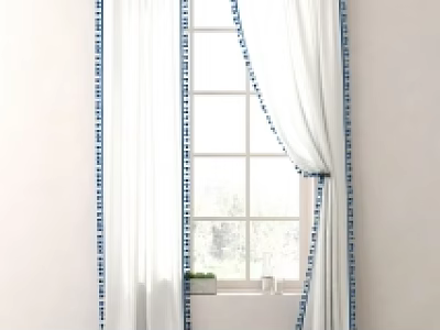 White Sheer Curtains With Blue Triangular Trim Hanging At Window With Tieback 3d model