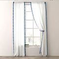 White Sheer Curtains With Blue Triangular Trim Hanging At Window With Tieback 3d model