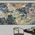 Abstract Painting On Wall In Modern Interior With Table Chair Books And Fruits