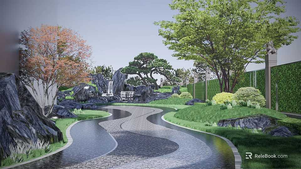 Garden Courtyard Landscape With Winding Path Water Stream Rocks Lawn And Colorful Trees 3d model 