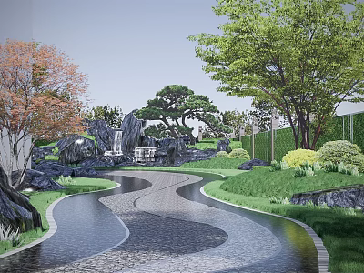 Garden Courtyard Landscape With Winding Path Water Stream Rocks Lawn And Colorful Trees 3d model