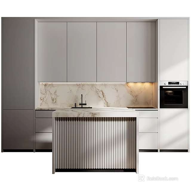 Modern Kitchen Interior Design With Marble Counter Island Cabinets And Lighting 3d model 