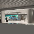 Modern Car Showroom With Glass Facade Bar Counter And Car