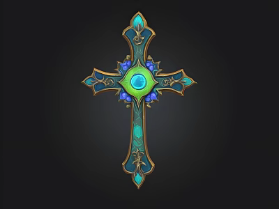 Ornate Decorative Cross With Green Gemstone Blue Accents And Gold Details 3d model