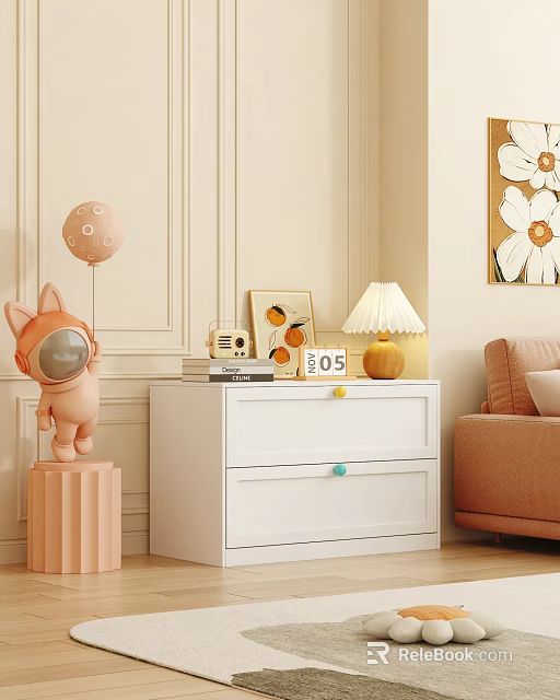 White Modern Dresser With Table Lamp Decorative Calendar And Astronaut Figurine In Living Room 3d model 