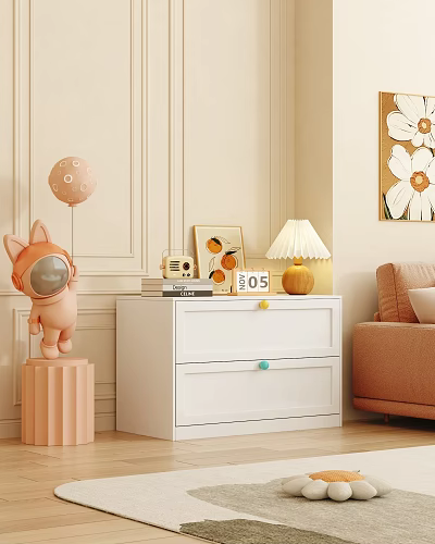 White Modern Dresser With Table Lamp Decorative Calendar And Astronaut Figurine In Living Room 3d model