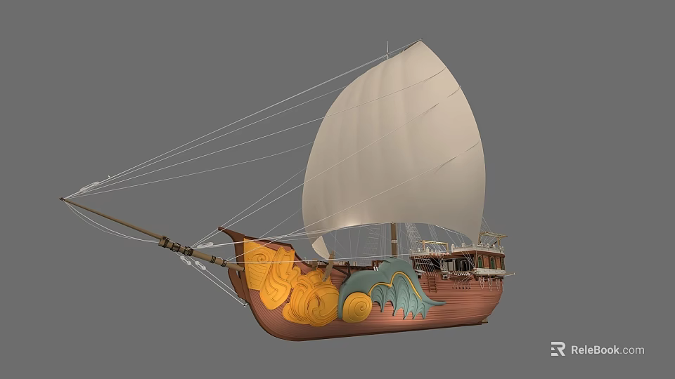 Classic Sailing Boat With White Sail Brown Hull Golden Patterns And Blue Dragon Decoration 3d model 