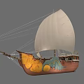 Classic Sailing Boat With White Sail Brown Hull Golden Patterns And Blue Dragon Decoration