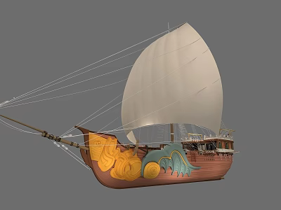 Classic Sailing Boat With White Sail Brown Hull Golden Patterns And Blue Dragon Decoration 3d model