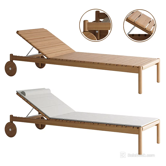 Wooden Lounge Chair With Wheels Adjustable Backrest White Cushion And Detailed Structure Design 3d model 