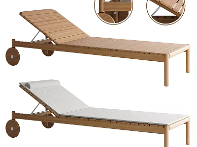 Wooden Lounge Chair With Wheels Adjustable Backrest White Cushion And Detailed Structure Design 3d model