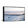 Beach Landscape Painting with Ocean Waves Pebbles on Sand and Flock of Birds in Distance
