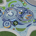 Colorful Children's Play Area With Curved Slides Circular Tracks And Green Lawns