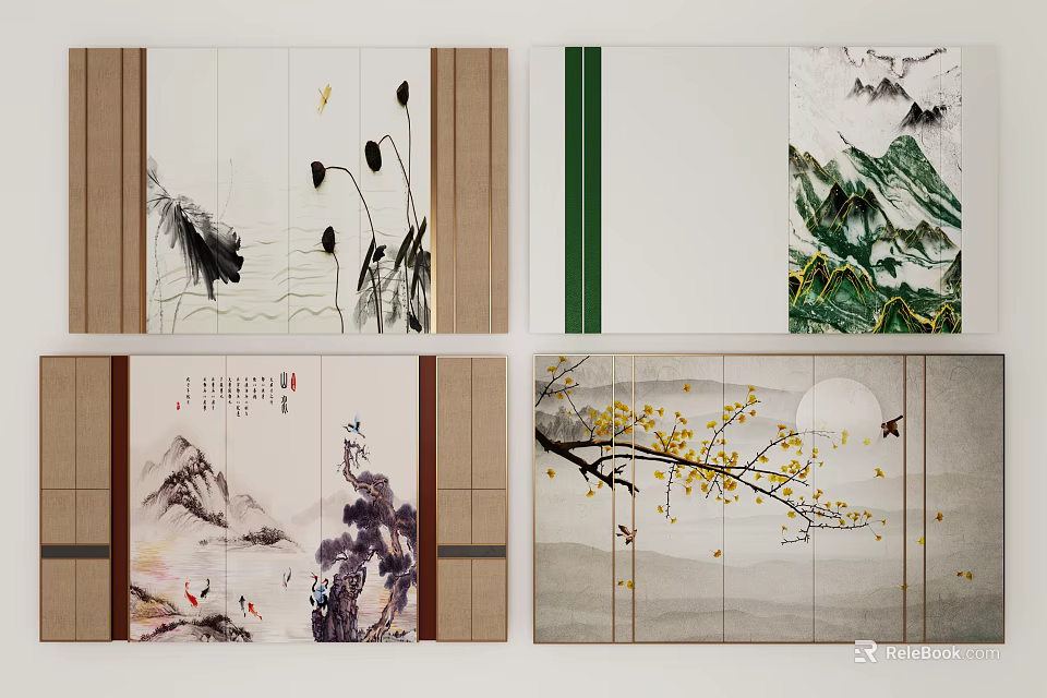 Chinese Traditional Background Wall with Ink Landscape and Flower Bird Paintings Scroll Design 3d model 