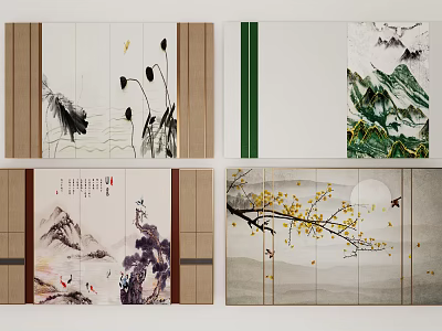 Chinese Traditional Background Wall with Ink Landscape and Flower Bird Paintings Scroll Design 3d model