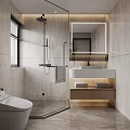Modern Bathroom Interior Design With Shower Area Vanity Backlit Mirror And Stone Walls