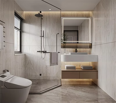 Modern Bathroom Interior Design With Shower Area Vanity Backlit Mirror And Stone Walls 3d model
