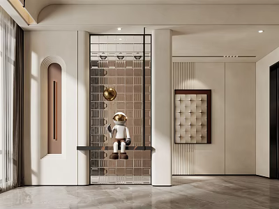 Contemporary Entryway Hallway With Mirrored Wall Beige Walls Decorative Painting And Sculpture 3d model