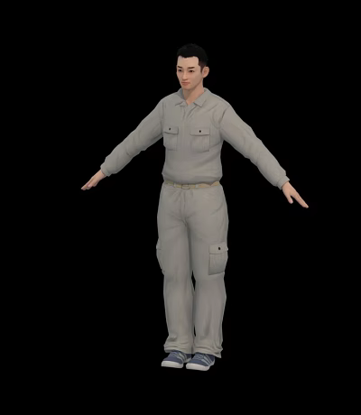 Man in Light Gray Work Uniform with Arms Outstretched in 3D Model on Black Background 3d model