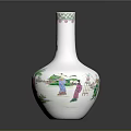 White Decorative Vase With Hand Painted Figures And Green Plant Patterns 3d model