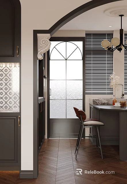 Elegant Restaurant Interior Featuring Gray Patterned Glass Door Arched Window Blinds Bar Counter Upholstered Stool 3d model