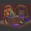 Enchanted Room Interior With Red Walls Arched Bookshelves Stained Glass Window And Magic Elements