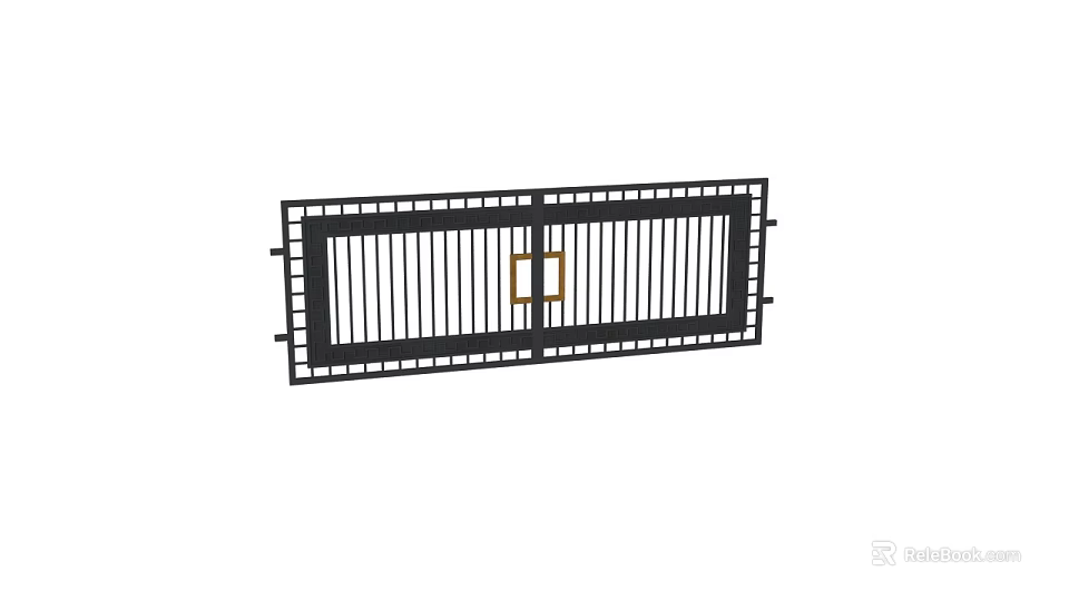 Modern Black Metal Gate With Vertical Slats And Golden Decorative Handle 3d model 