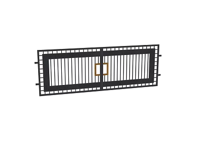 Modern Black Metal Gate With Vertical Slats And Golden Decorative Handle 3d model