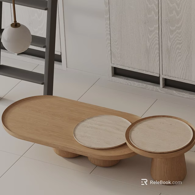 Modern Wooden Coffee Table Set In Living Room With Oval Design And Round Marble Tops 3d model 