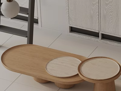 Modern Wooden Coffee Table Set In Living Room With Oval Design And Round Marble Tops 3d model