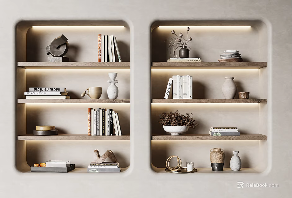 Stylish Beige Shelves Decorative Items Arrangement With Books Vases Plates And Small Sculptures 3d model 