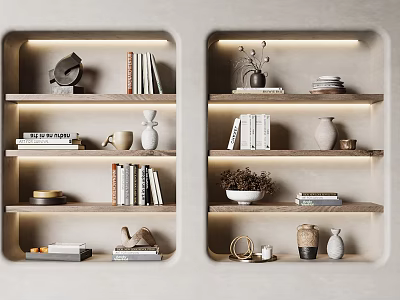 Stylish Beige Shelves Decorative Items Arrangement With Books Vases Plates And Small Sculptures 3d model