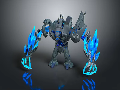 Mechanical Game and Movie Character With Blue Flaming Arms and Spiked Armor Design 3d model