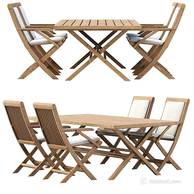 Wooden Tea Table Set with X Shaped Legs and Cushioned Backrest Chairs 3d model 