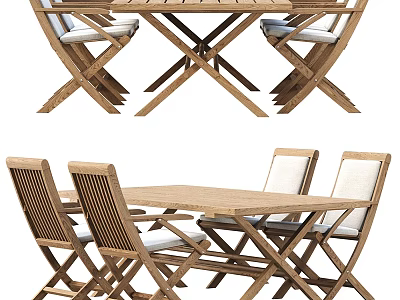 Wooden Tea Table Set with X Shaped Legs and Cushioned Backrest Chairs 3d model