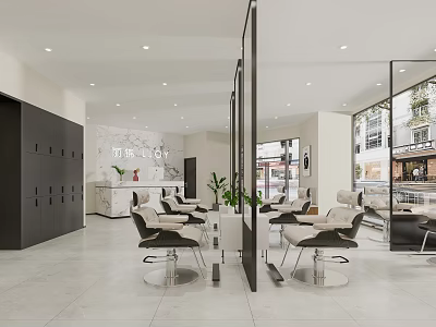 Modern Beauty Hair Salon Interior Design With Styling Chairs Mirrors And Potted Plants 3d model