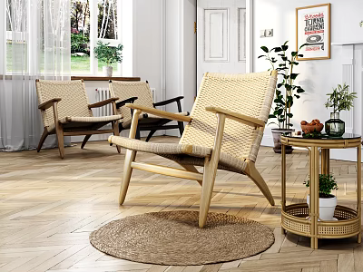 Modern Woven Rattan Lounge Chair With Wooden Frame In Bright Living Space 3d model