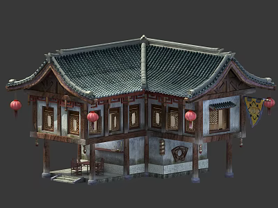 Traditional Chinese Ancient Architecture With Tiled Roof Red Lanterns And Wooden Beams 3d model