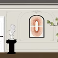 White Decorative Background Wall with Ornate Moldings Arch Framed Artwork Statue Plant and Wooden Floor