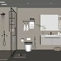 Modern Bathroom Interior With Glass Shower Wall Mounted Vanity Mirror And Toilet