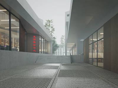 Modern Commercial Street with Glass Shop Fronts Paved Walkway Steps and Trees 3d model