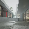 Modern Commercial Street with Glass Shop Fronts Paved Walkway Steps and Trees