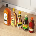 Different Types of Condiment Bottles Arranged on Kitchen Counter with White Tiles