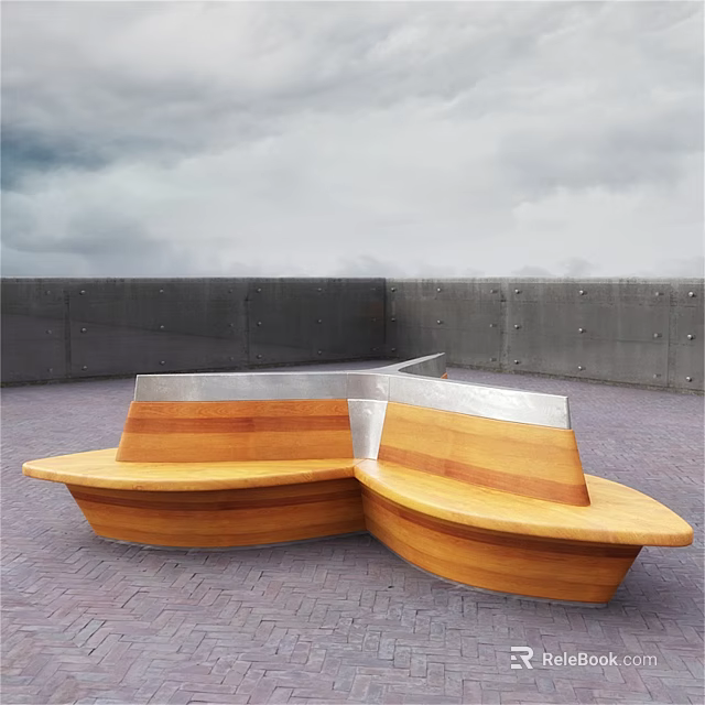 Wooden Outdoor Chairs with Curved Design Metal Backrests in Brick-Paved Area Against Grey Wall 3d model 