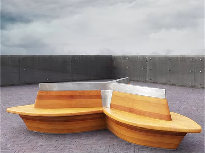 Wooden Outdoor Chairs with Curved Design Metal Backrests in Brick-Paved Area Against Grey Wall 3d model