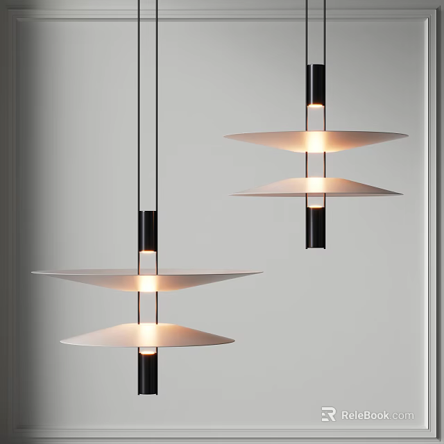 Modern Layered Pendant Chandeliers With Black Metallic Rods And Illuminated White Discs 3d model 