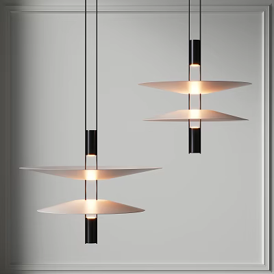 Modern Layered Pendant Chandeliers With Black Metallic Rods And Illuminated White Discs 3d model