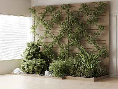 Indoor Bonsai and Potted Plants Display with Wooden Wall Climbing Vines and Bright Light 3d model